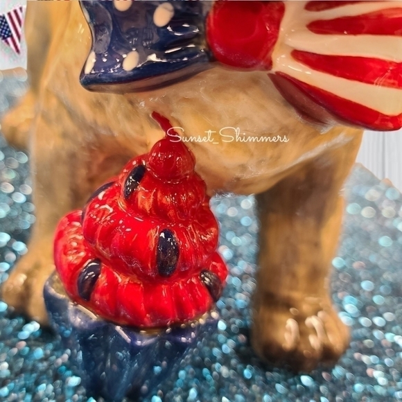 Patriotic Blue Sky PUG DOG July 4th Red White Blue Stars w Bow Tie & Cupcake New - Picture 3 of 11